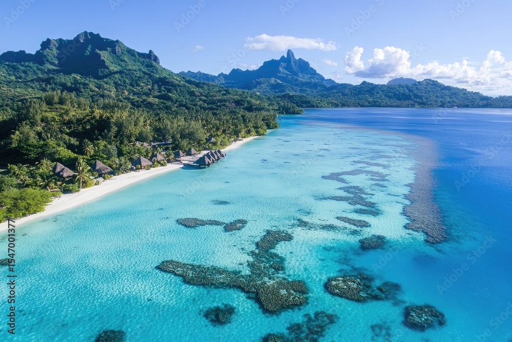 Fototapeta premium Aerial view of a pristine beach with turquoise water, lush greenery, and distant mountains