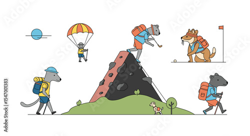 Animals having adventure trip and doing different activities in natural outdoors vector design