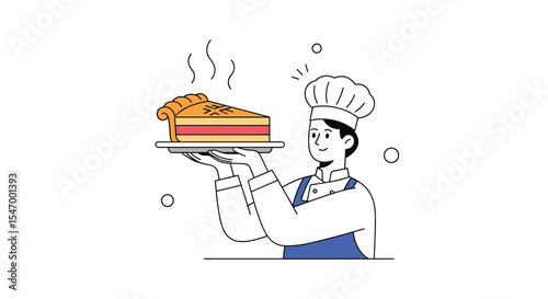 Vector design illustration of a chef holding a delicious slice of pie