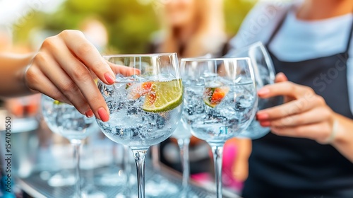 Refreshing Gin and Tonic Beverages Served by a Bartender at an Outdoor Event