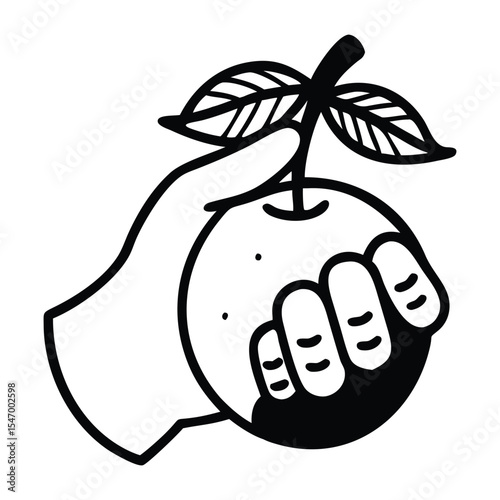 Black and white illustration featuring a bold, cartoon style hand gripping a mandarin orange.