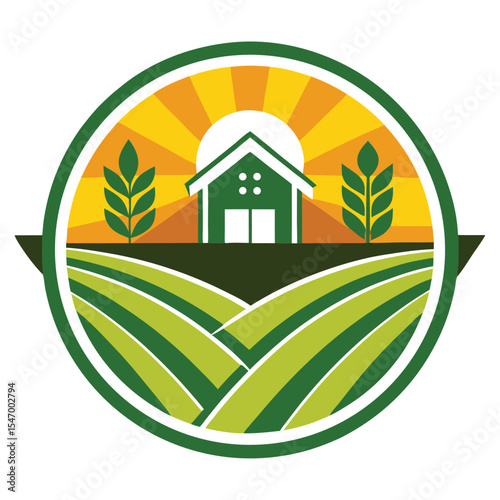 Agriculture Farm Logo with Barn, Sunrise, and Fields