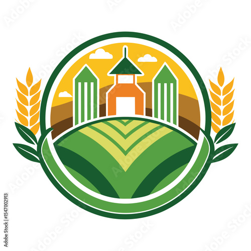 Agriculture Farm Logo with Barn, Sunrise, and Fields