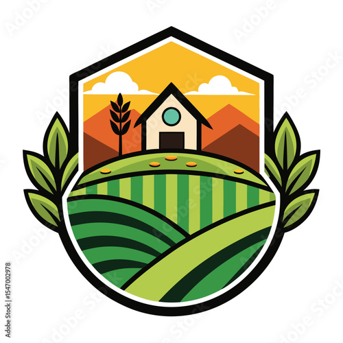 Agriculture Farm Logo with Barn, Sunrise, and Fields