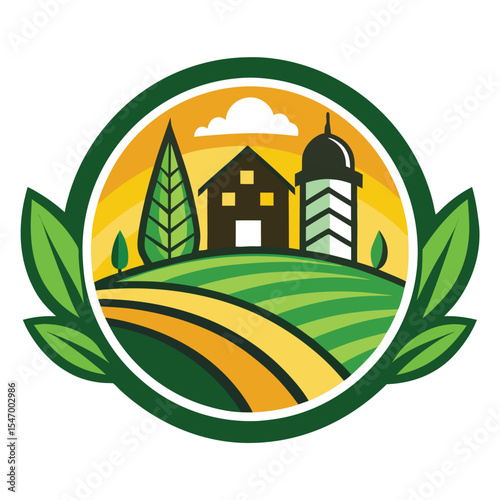 Agriculture Farm Logo with Barn, Sunrise, and Fields