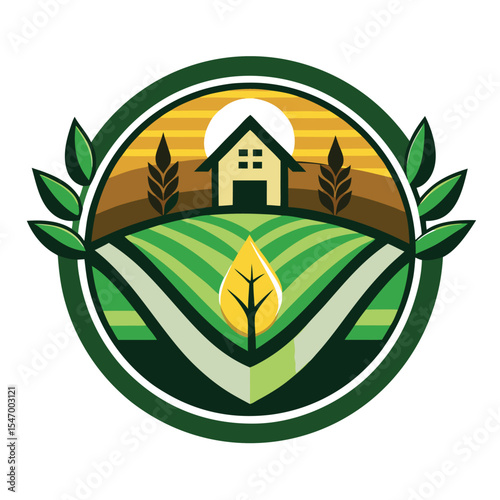 Agriculture Farm Logo with Barn, Sunrise, and Fields