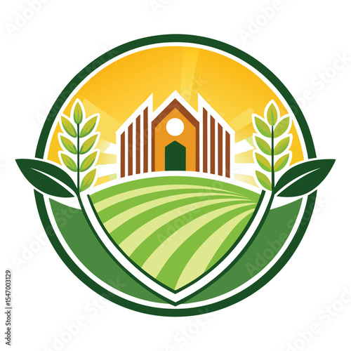 Agriculture Farm Logo with Barn, Sunrise, and Fields