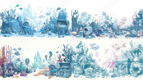 Watercolor underwater illustration with corals, fish, treasure chests, and ruins. Perfect for ocean scenes, marine education, fantasy maps, and children's book designs.