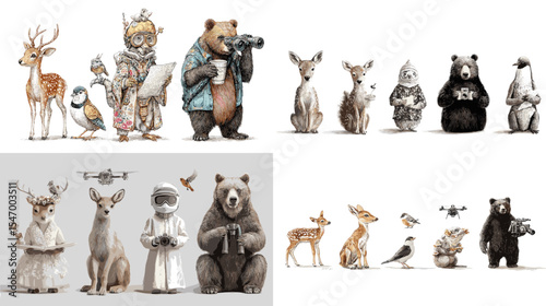 Whimsical hand-drawn forest animals in human outfits, including bears, deer, and birds. Great for children's books, storytelling, character design, and nature-themed art.