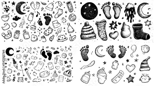 Black and white hand-drawn baby doodle set featuring footprints, bottles, stars, hats, and moons. Ideal for baby shower invitations, nursery prints, and newborn designs.