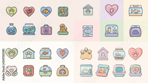 Cute pastel pet care and aquarium icon set featuring fish tanks, hearts, pet carriers, paw prints, and cozy homes, in soft hand-drawn doodle vector style for animal lovers.