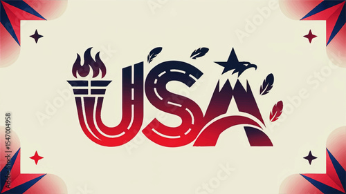 Patriotic USA Typography Illustration with Torch, Eagle, Feathers, and Red White Blue Gradient for American Themes