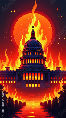 Dramatic Illustration of US Capitol Building on Fire with Fiery Sunset and Flames, Political Crisis Concept, Bright Orange Red Artwork