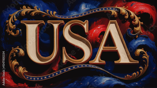 Elegant USA Typography with Ornate Golden Flourishes, Patriotic Red, White, and Blue Swirls – American Heritage Decorative Design
