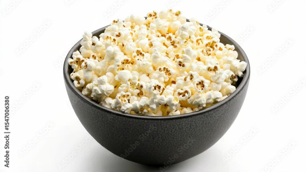 Bowl of buttered popcorn, a popular snack and movie theater staple.