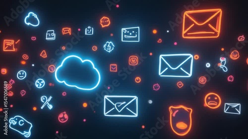 Floating Neon Style Icons on Dark Background Animation