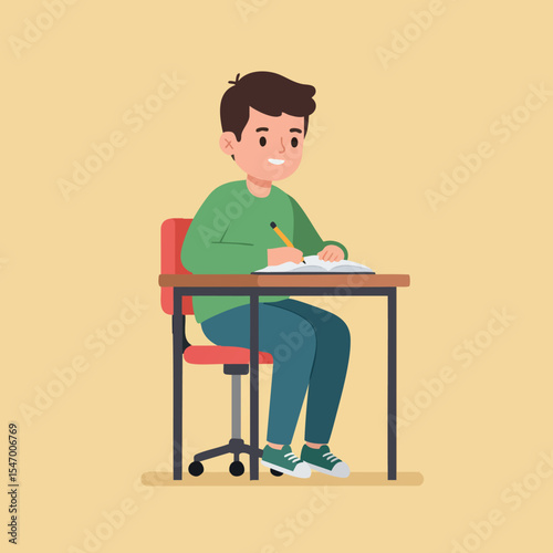Boy sitting at desk writing in notebook vector illustration with green sweater and blue jeans 