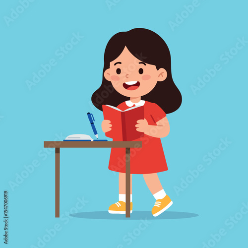 Young girl reading book standing near desk in red dress vector illustration 