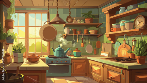 Modern Kitchen Interior Vector Background. Clean Home Room Scene with Cabinets and Appliances. Flat Cartoon Illustration for Design Template