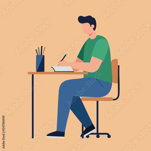 Man sitting at desk writing in notebook with pencils in cup vector illustration 