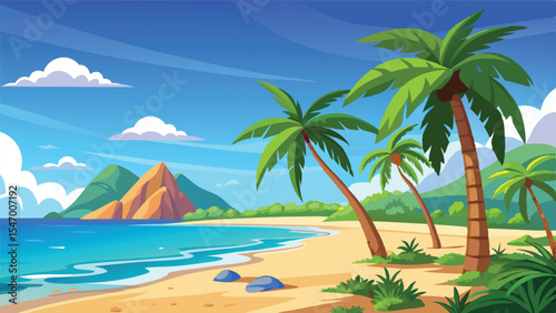 Tropical Beach Vector Landscape. Summer Ocean Scene with Palm Trees and Sandy Shore. Paradise Island Scenery for Vacation Wallpaper or Background