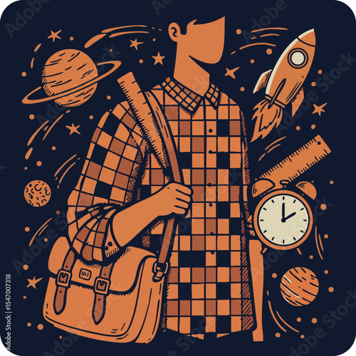 Space-themed student with satchel and rocket illustration in orange and black colors 