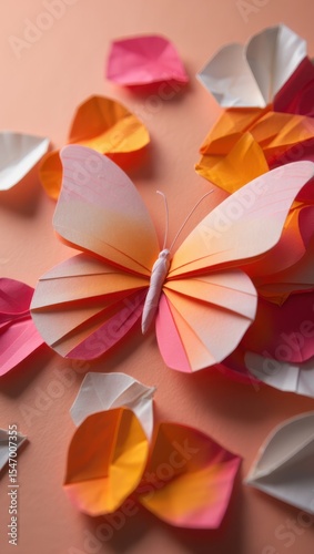 3d illustration of a pink and orange origami butterfly rests on a peach background