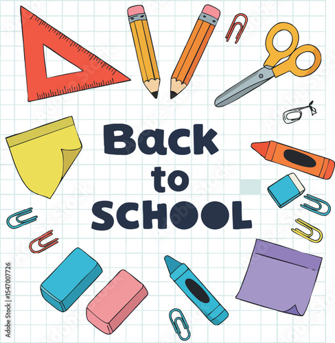 Back to school supplies with pencils scissors sticky notes and paperclips vector illustration 