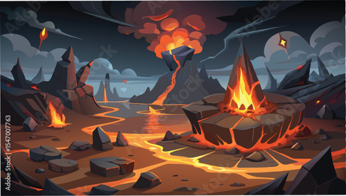 Volcano Eruption Vector Landscape. Mountain with Lava and Smoke Scene. Hot and Dangerous Nature Background for Poster or Game Design