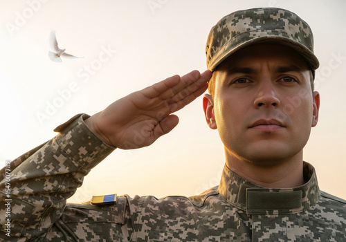 A proud military service member in camouflage uniform delivers a respectful salute against a clear sky, symbolizing honor, duty, and patriotism. A distant bird suggests peace.