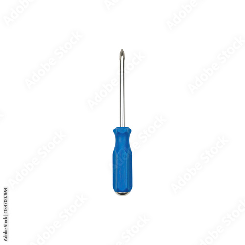 Blue-handled Phillips screwdriver standing vertically on a plain white background