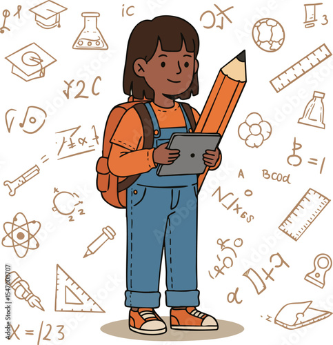 Young student girl holding pencil and tablet surrounded by math symbols and education tools vector illustration 