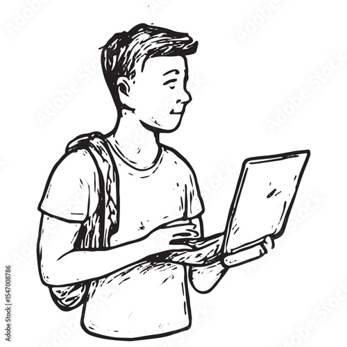 Hand-drawn black and white traveler with a laptop, suited for digital nomad, remote work, or travel lifestyle art