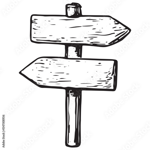 Hand-drawn black and white signpost, ideal for travel routes, directions, or adventure trail illustrations