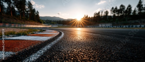 Dramatic Sunset Race Track Corner  Asphalt  Tire Marks  Curb