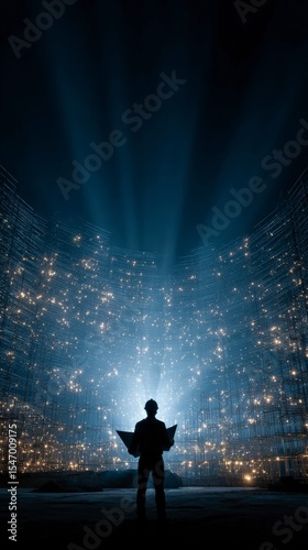 Urban Construction Engineer Reviewing Blueprint at Night