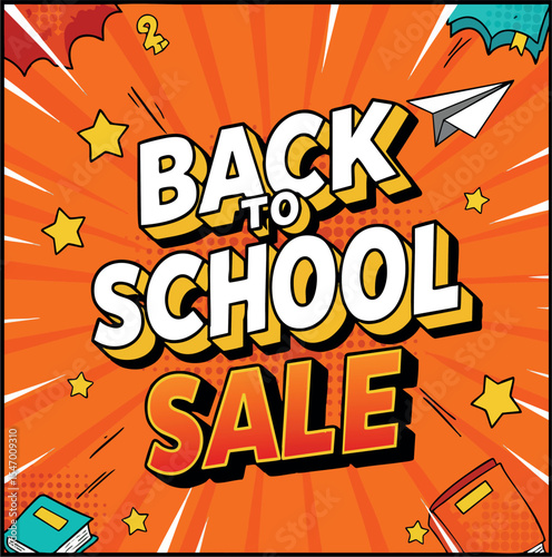 Back to School Sale Text with Paper Plane and Books on Orange Background Vector Illustration 
