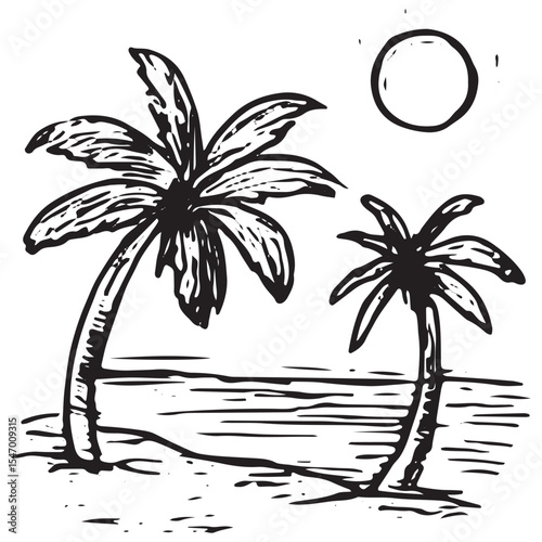 Detailed black and white palm tree with sun, great for tropical travel, beach vacations, or exotic designs