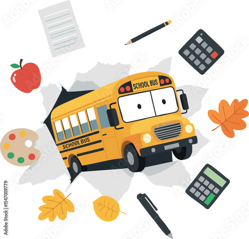 School bus with autumn leaves apple and stationery for back to school theme vector illustration 