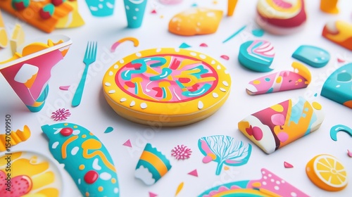 Colorful Food Art with Playful Shapes and Vibrant Patterns