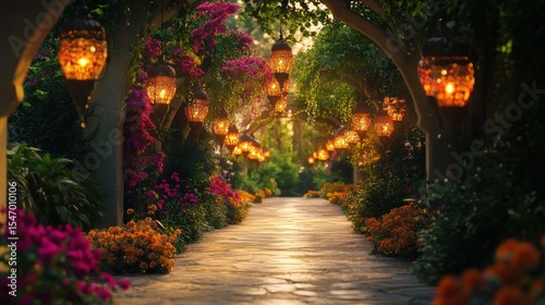 Pathway lined with lanterns, vibrant flowers