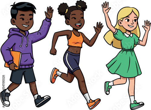 Group of diverse kids running happily together in colorful casual clothes vector illustration 