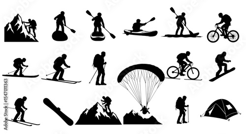 Adventure silhouettes: A diverse collection of silhouettes depicting the thrill of adventure, showcasing various outdoor activities. Explore the world of hiking, kayaking, cycling.