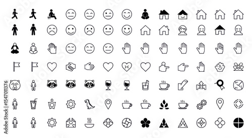 Icons of Modern Life: A curated collection of monochrome icons, each a tiny window into the diverse facets of existence, from human activity to the very essence of emotions and places.
