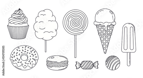 Sweet Indulgence: A delightful array of hand-drawn confectionery treats, showcasing the allure of sweets and treats. 