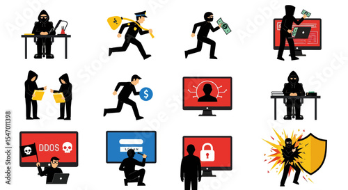 Cybersecurity Threats: A series of illustrations depicting the multifaceted dangers of cybersecurity. They depict different threats like hacking, theft, fraud.