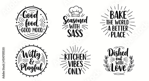 Kitchen-themed Typography: A captivating collection of six distinct typography designs, each conveying a unique culinary sentiment, ideal for kitchen decor, cooking blogs, or food-related projects. 