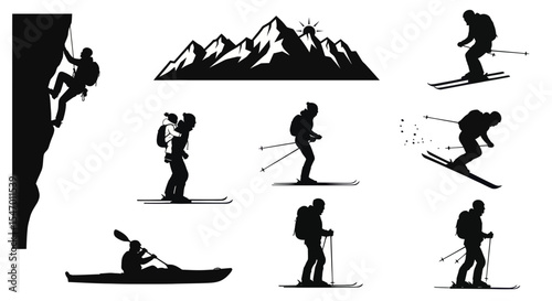Silhouette Adventure Set: A compilation of active silhouettes showing rock climbing, skiing, kayaking and trekking representing thrill and challenge of various outdoor recreational activities.