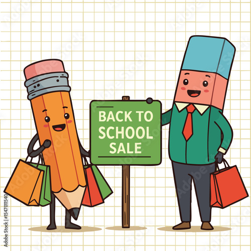 Back to school sale with pencil and eraser cartoon characters holding shopping bags vector illustration 