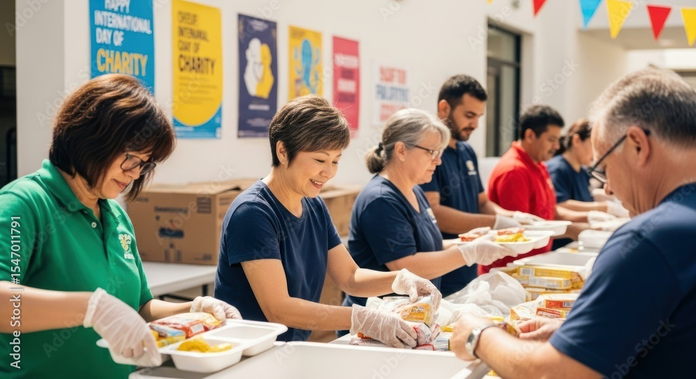 Obraz premium People working together to prepare and serve food for community
